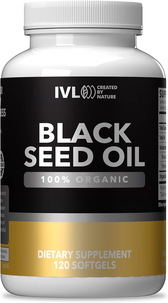 IVL - Olio di semi neri organici - 120 capsule di softgel - (1000mg per Serving) - Olio di semi di Nigella Sativa puramente pressato a freddo - Omega 3 6 9, Antiossidanti, Thymoquinone - Capsule liquide dell'olio di semi neri