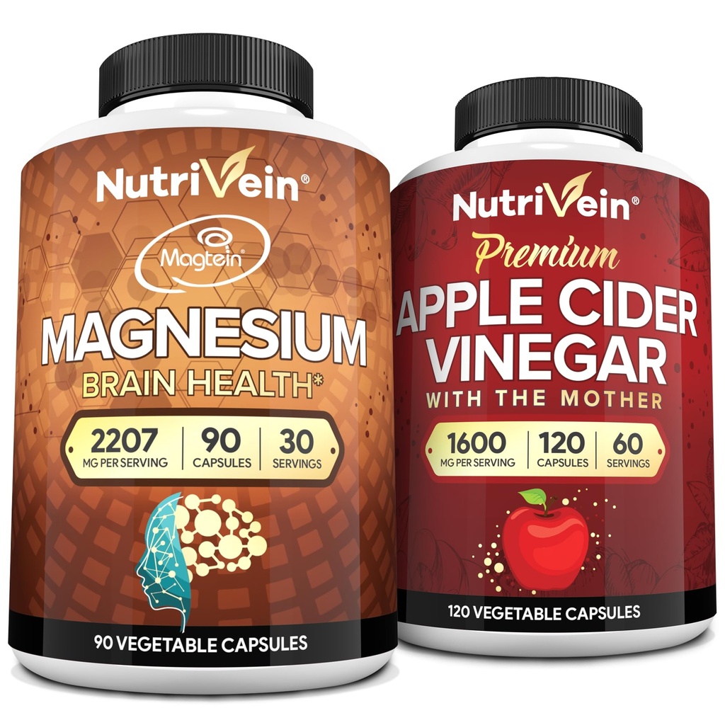 Estratto di Aceto di sidro di mele Premium Nutrivein & Magnesio L-Threonate Bundle: supplemento di Threonate di Magnesio ad alto assorbimento e integratori di Aceto di sidro di mele per cervello, fegato, &amp; benessere generale