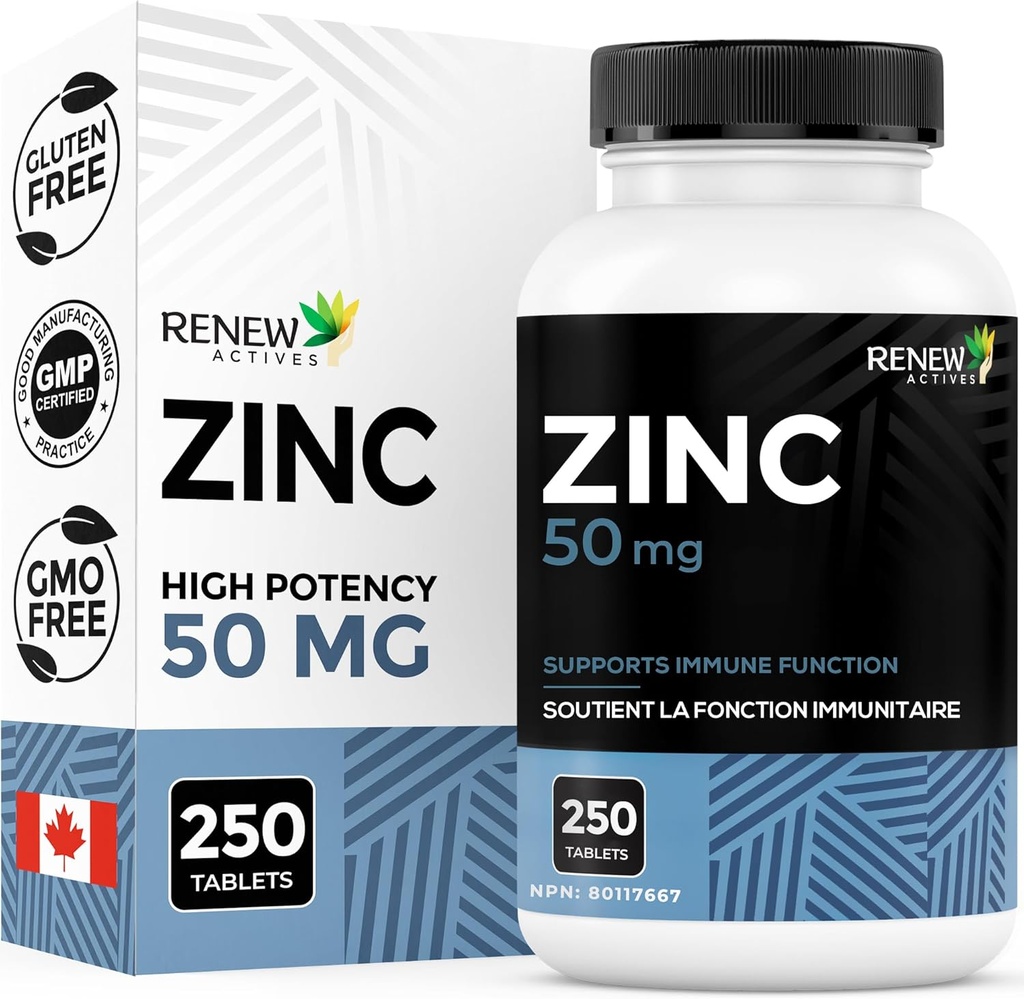 Integratori di zinco 50MG per Serving - Essenziale per la salute immunitaria, Forti Bones & Promuovere capelli sani, Unghie & Pelle di Glowing per uso quotidiano - Made in Canada - 250 compresse