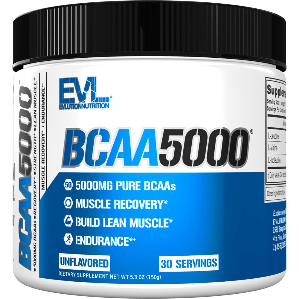 Evlution EVL BCAAs Aminoacidi Polvere - BCAA Polvere Post Workout Recovery Drink e Stim Free Pre Workout Energy - 5g Aminoacidi a catena ramificata Supplemento per gli uomini - Unflavored