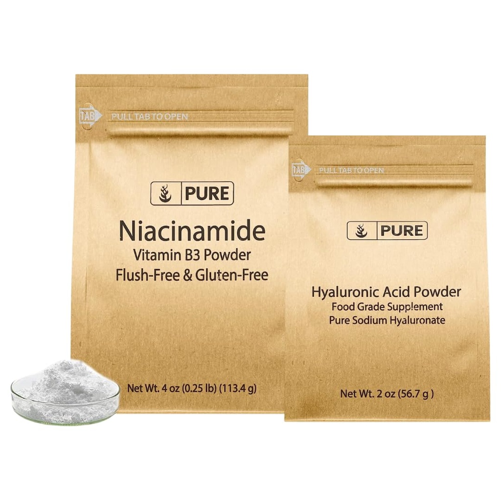 PURE INGREDIENTI ORIGINALI Acido Ialuronico e Bundle Niacinamide, varie dimensioni, senza fluido, polveri fini