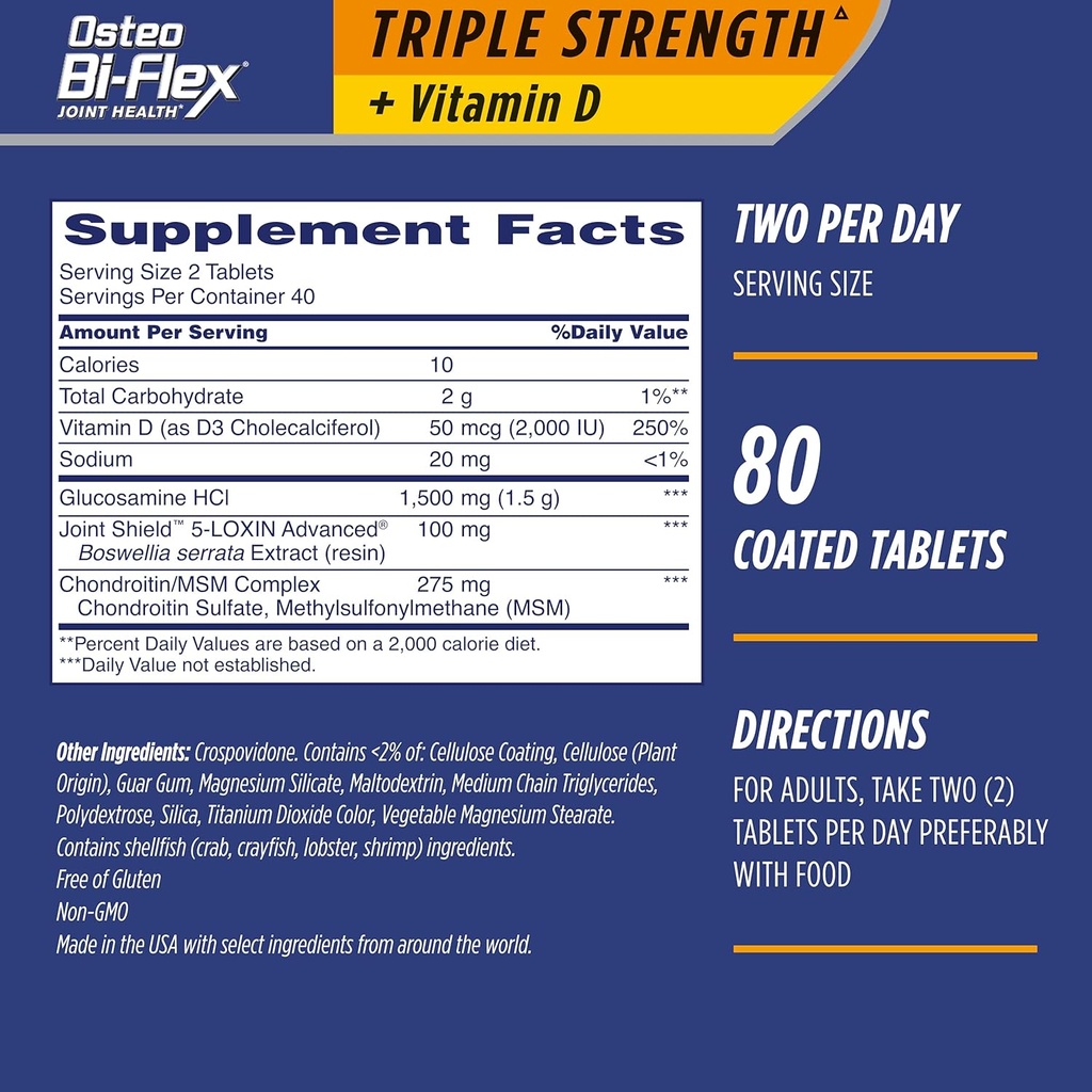 Osteo Bi-Flex Tripla resistenza(5) con vitamina D Glucosamina Integratore di Salute Congiunto Condroitina, Compresse rivestite, 80 conteggio (Pacchetto di 2)