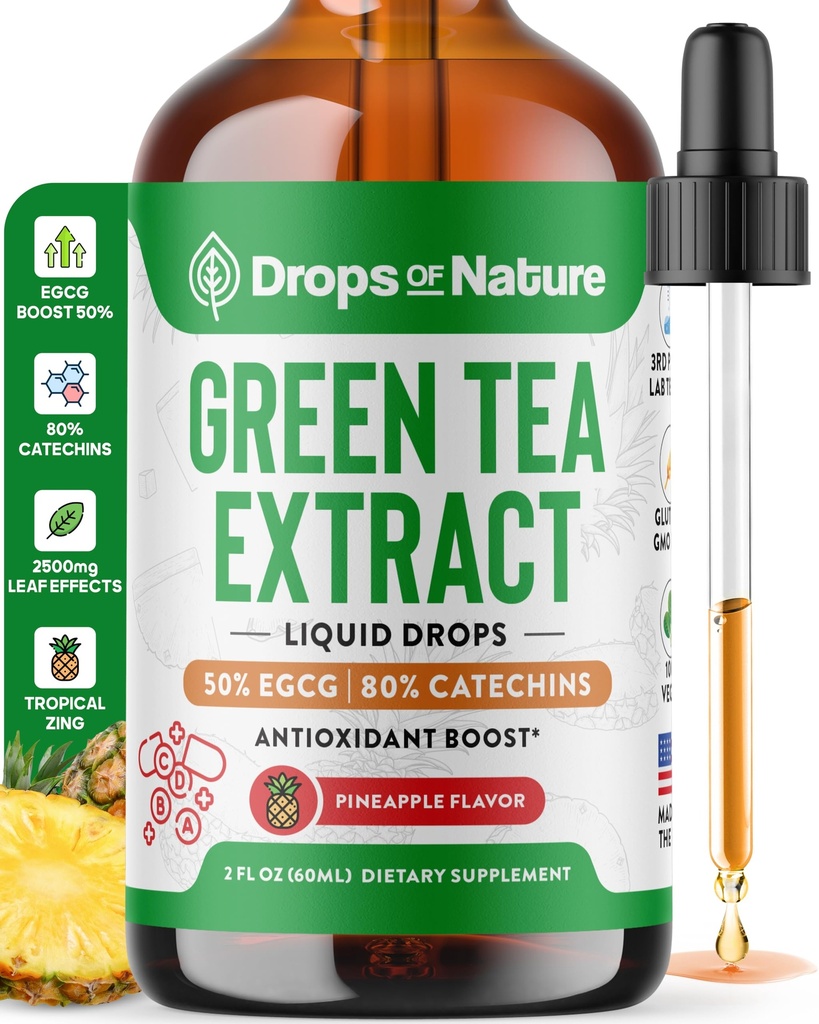 Estratto di tè verde 10:1 50% EGCG - Gocce liquide tè verde - Vegan, 4X Più potente di pillole e capsule - 2oz Antiossidante & Integratore immunitario - Pelle, Supporto cardiaco, Salute e Memoria del cervello