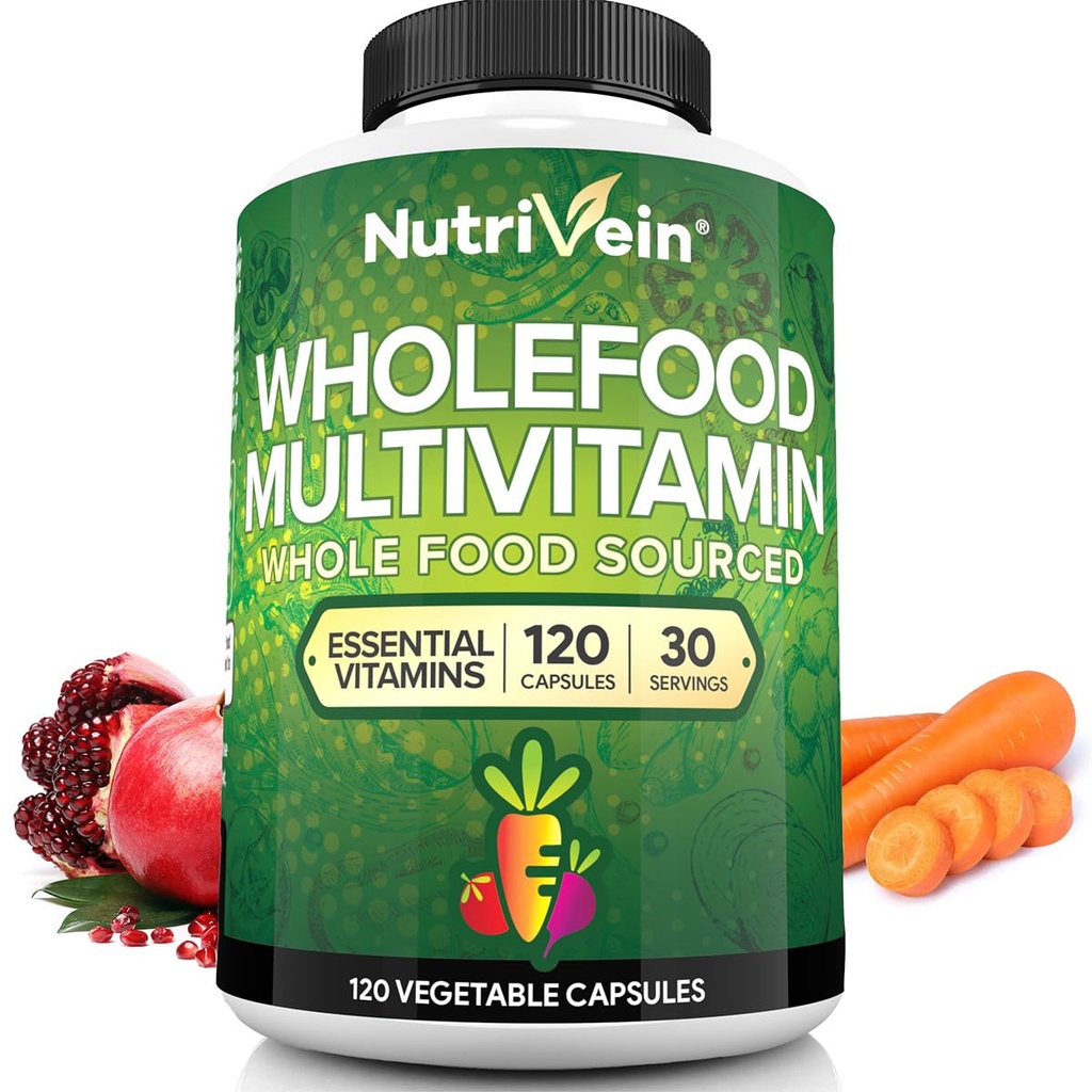 Nutrivein Whole Food Multivitamin per Uomo & Donne – 120 Vegan Multivitaminici Caps per Adulti – Energia quotidiana, Immune & Heart Support – Frutta cruda & Veggie Blend + B Vitamine - Non pensata per bambini