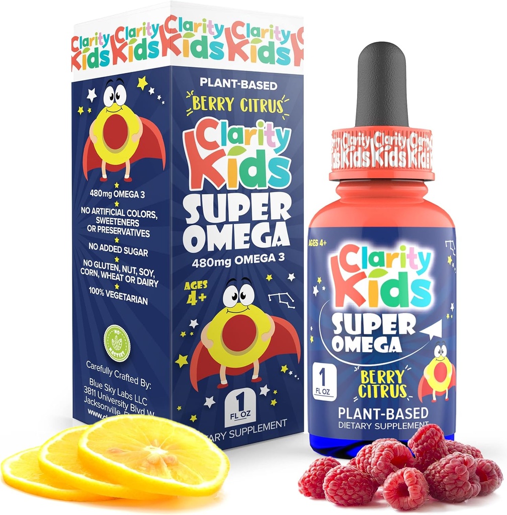 Clarity Kids Super Omega con DHA + EPA Omega 3 per una migliore messa a fuoco e qualità sonno alghe olio Omega 3 liquido (1 mL per porzione) tutte le gocce naturali DHA per bambini USA fatto supplemento (1 fl oz)