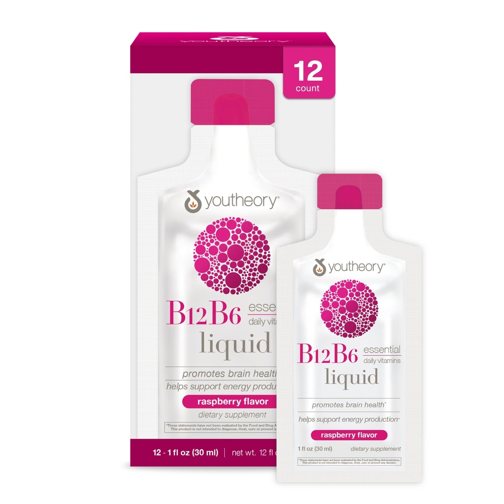 Vitamina B12 B6, supplemento giornaliero di supporto per l'energia e il cervello, sapore liquido del lampone, 12 - 1oz