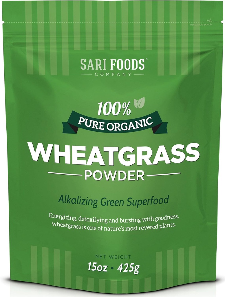 Polvere di erba di Sari Foods Organic Wheatgrass - Polvere di succo di erba di grano con clorofilla, antiossidanti e vitamine (15 oncia)