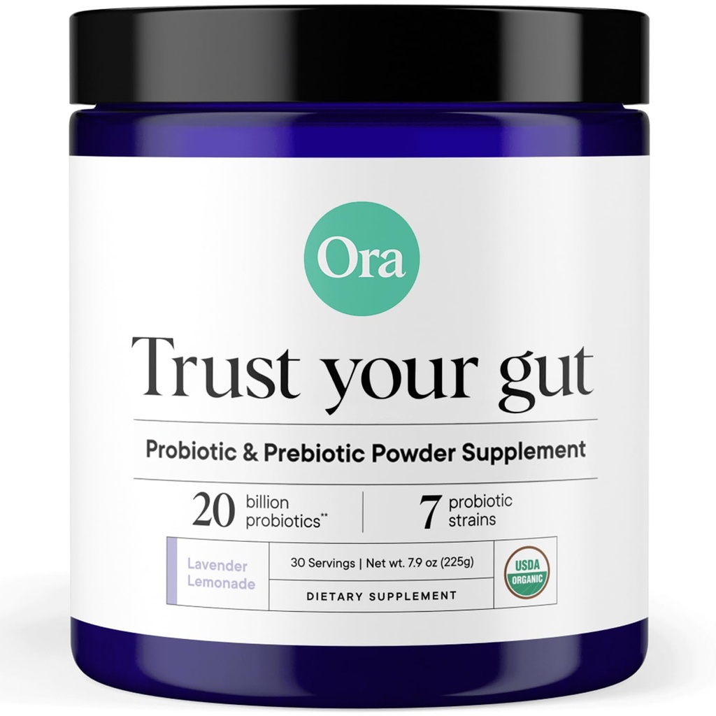 Ora Organic Prebiotici e Probiotici Polvere Supplemento - 20 miliardi di Probiotici, 7 Strains per Migliore Polvere Prebiotica, Non OGM, Probiotici per Donne, Uomini e Bambini - Lavanda Limonata Flavor, 30 Serve