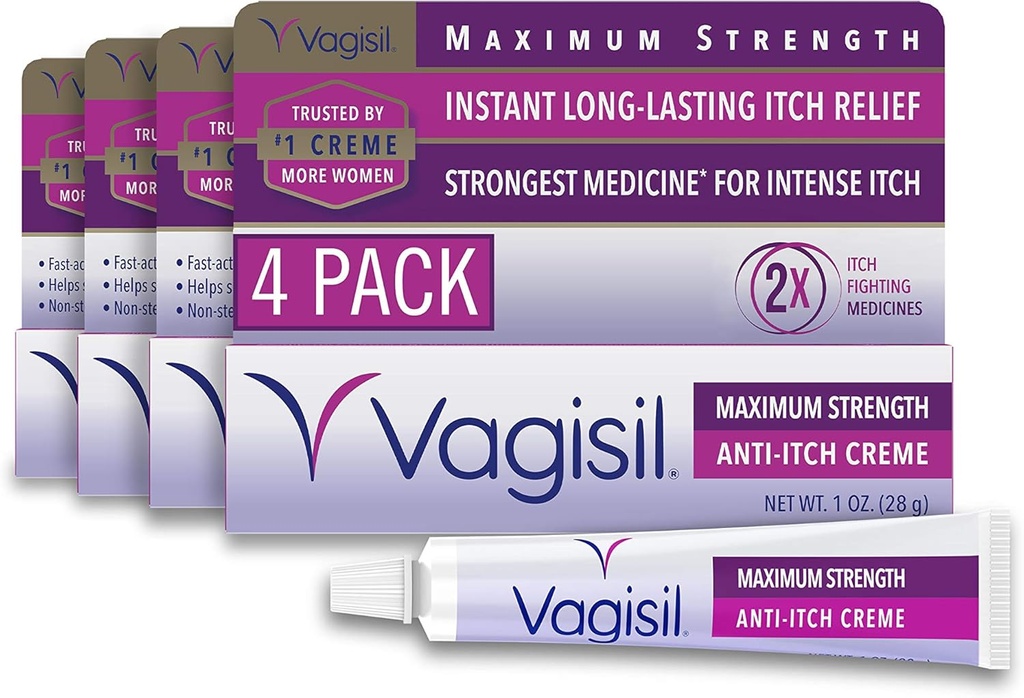 Vagisil Massima Forza Femminile Crema Anti-Itch con Benzocaina per le donne, aiuta a alleviare l'irritazione di lievito, ginecologo testato, azione veloce, lenisce e raffredda la pelle, 1 oz (pacchetto di 4)