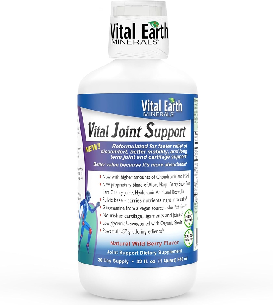 Vital Earth Liquid Joint Support Supplement – Glucosamina, Condroitina, MSM Plus Acido Ialuronico, Boswellia & Acido Fulvico (70+ Minerali di Trace), 32 Oz + 1 Oz Cup