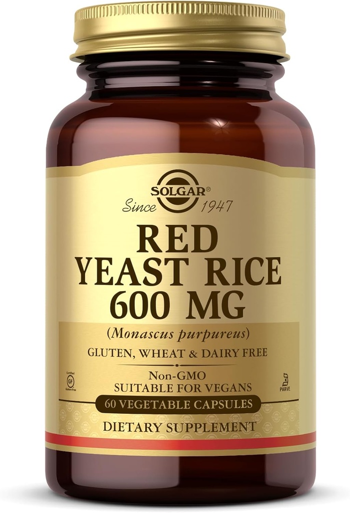 Solgar rosso lievito di riso 600 mg - 60 capsule vegetali - Non OGM, Vegan, Gluten Free, Latticini Free, Kosher - 30 Serve