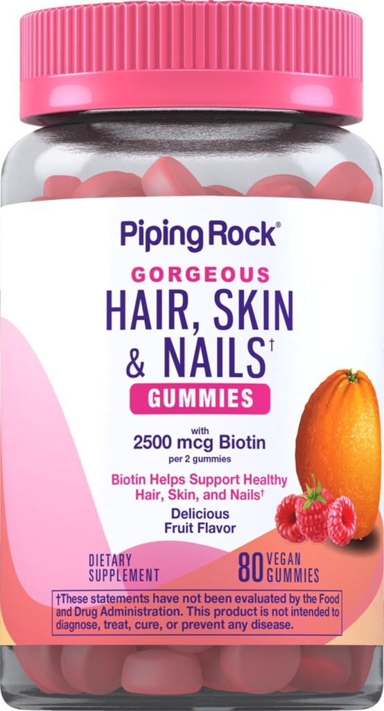 Piping Rock Hair Skin and Nails Vitamins | 80 Gummies | 2500 mcg di Biotin | Donna Multivitamina | con Vitamina C ed E | Frutta Flavor | Non OGM, Gluten Free Supplement