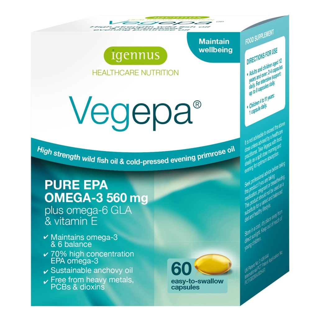 Igennus Vegepa Omega 3 Wild Fish Oil & Sera Primrose Oil Blend, 560 mg EPA Plus GLA, 60 Small Softgels