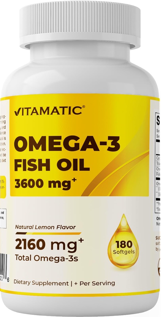 Vitamatic Triple Strength Omega 3 Fish Oil 3600mg Per Serving, 2160mg Omega 3 acidi grassi, 1296mg EPA + 864mg DHA, Burpless Lemon Flavor, 180 Softgels