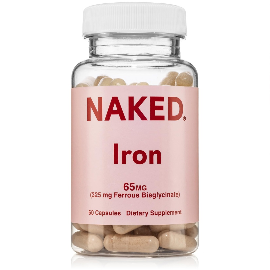 Naked Iron 65mg, 325mg Ferrous Bisglycinate - Supplemento di ferro ad alta potenza per la carenza di ferro, il supporto di energia cellulare, promuove la produzione sana di globuli rossi, non OGM, senza glutine, 60 capsule