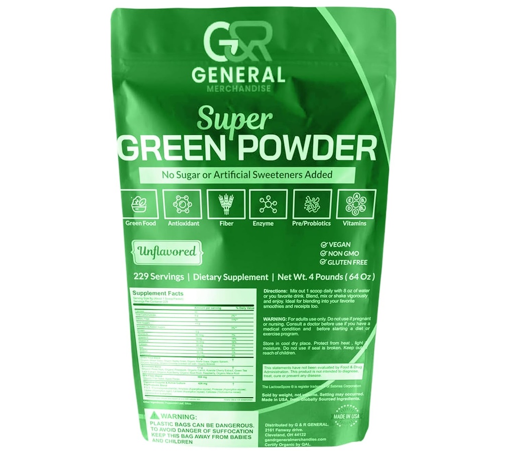 Super Greens Polvere Superfood Organic, 229 Serve Enzimi Digestivi, Probiotici & Vitamine Verdura (Wheatgrass, Spirulina & more), Frutta, 4 Pounds (64oz).