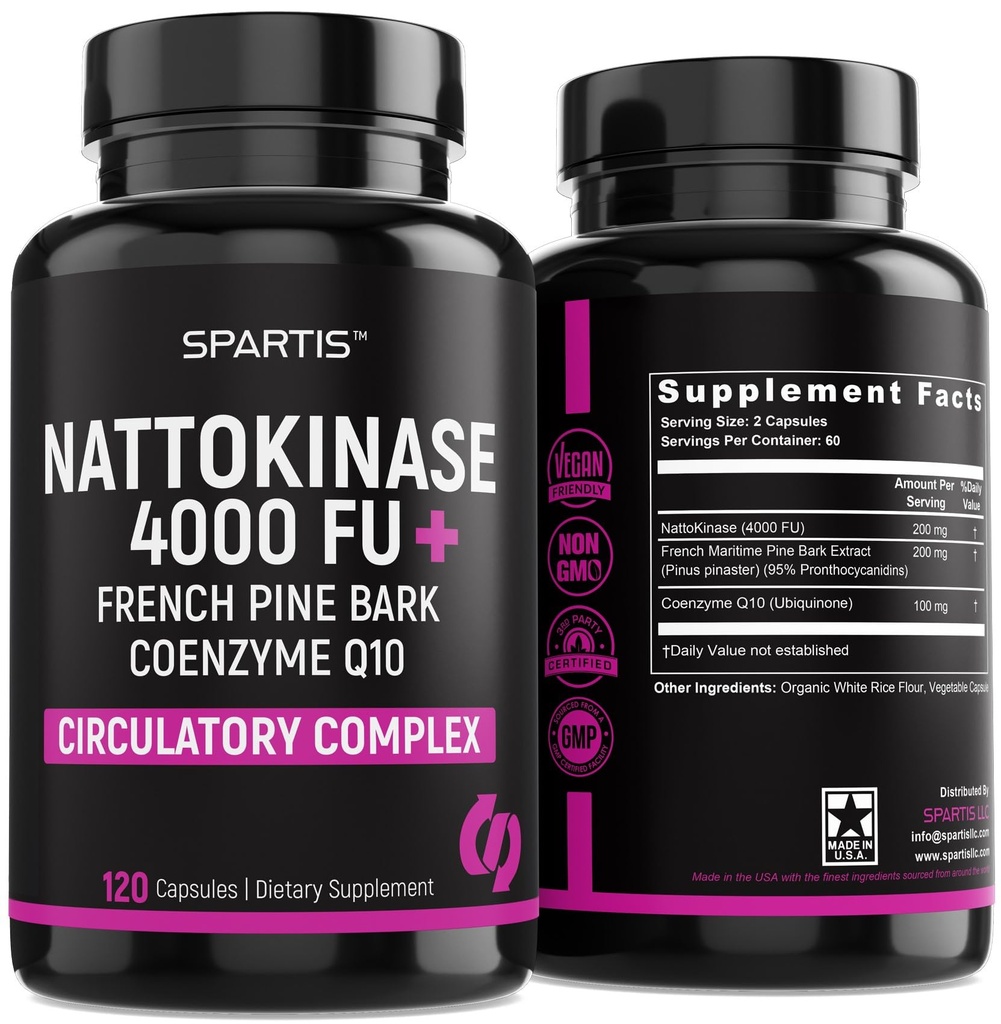 Nattokinase Supplemento 4000 FU CoQ10 100mg French Maritime Pine Bark Extract 200mg con enzimi per il supporto circolatorio e cardiovascolare (Pack of 1 at 120-Caps)