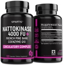 Nattokinase Supplemento 4000 FU CoQ10 100mg French Maritime Pine Bark Extract 200mg con enzimi per il supporto circolatorio e cardiovascolare (Pack of 1 at 120-Caps)
