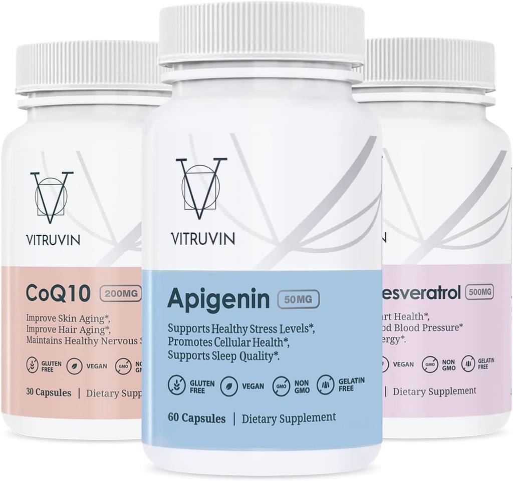 Vitruvin Sport Recovery (Apigenin 2 x 50mg, COQ10 200mg, Resveratrolo 500mg) Vegan, Non OGM, Gluten-Free, Gelatin-Free.