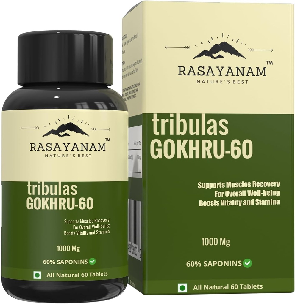 Tribulas Gokhru-60 Gokshura compresse 1000mg | Ultra High Concentrated 60% Saponins | Migliora il vigore | Tribulus Terrestris | per uomini e donne (60 compresse) (1)