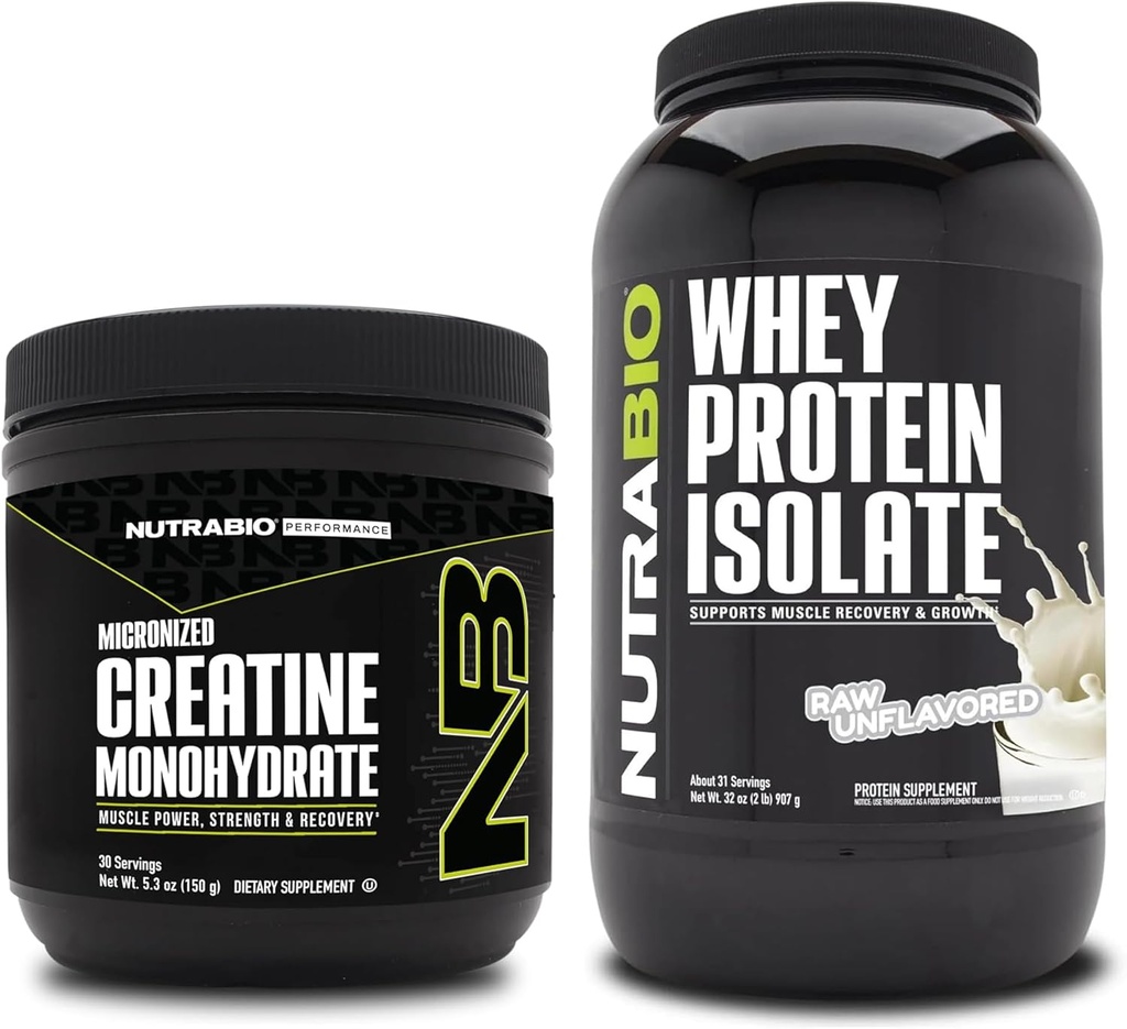 NutraBio Creatina Monoidrato, Unflavored, 150g e Whey Protein Isolate, Unflavored, Supplement Bundle - Muscle Energy, Lean Muscle Growth, Recovery, and Strength