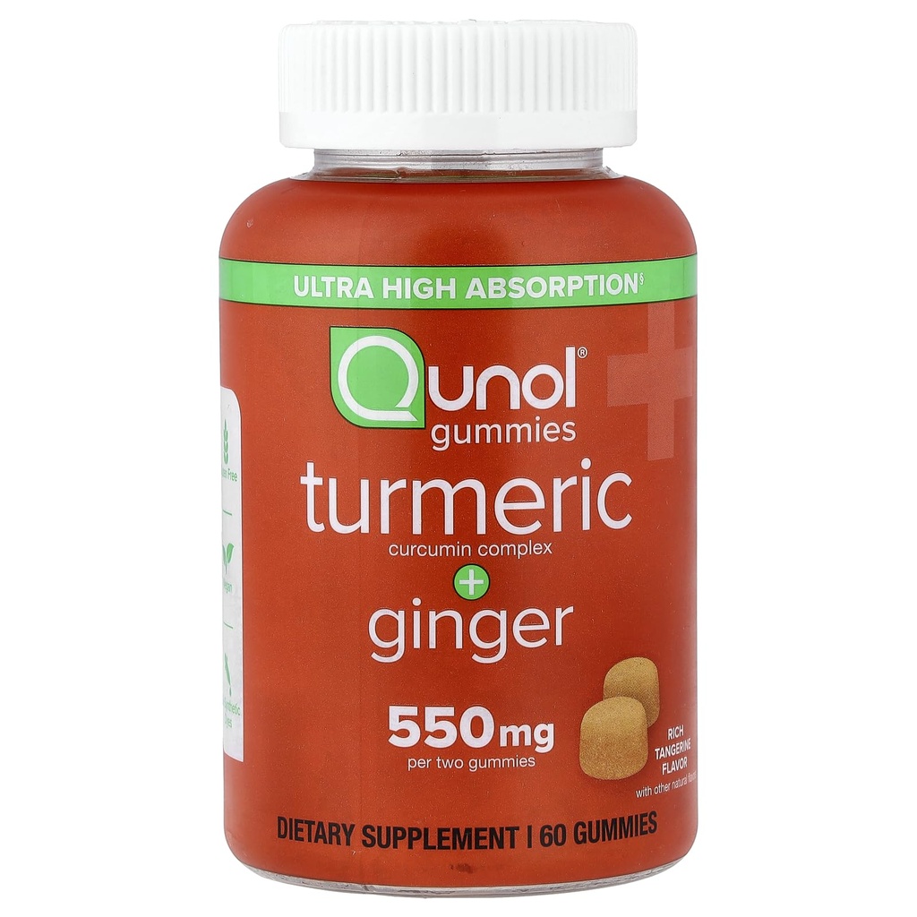 Qunol Turmeric e Ginger Gummies, Gomma con 500 mg di curcuma + 50 mg di zenzero, Integratore di supporto congiunto, Ultra High Absorption Tumeric and Ginger, Vegan, Gluten Free, 1 Mese di alimentazione 60ct Gummies