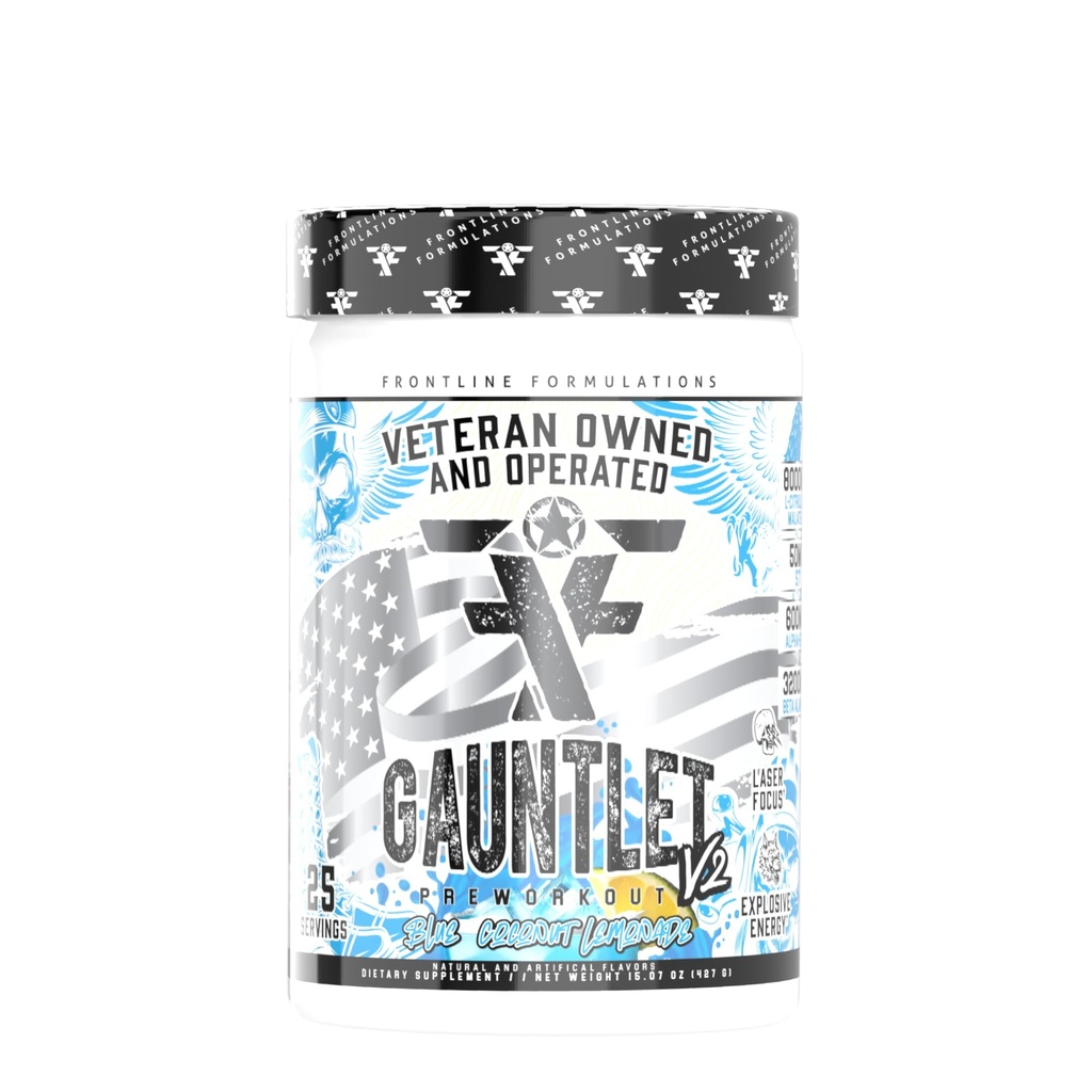 Polvere di pre-allenamento di Gauntlet, allenamenti esplosivi, messa a fuoco laser, mid Stim, aroma stupefacente, gufo di Veteran e operato (25 Serve, limonata di cocco blu)