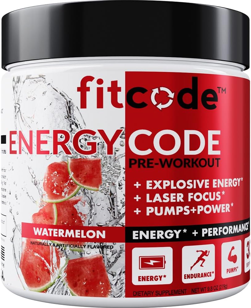 fitcode EnergyCode - Pre Workout with Creatine Powder - Energy & Performance Drink - Muscle Strength & Endurance Supplement - Contiene caffeina - 30 Serve - Watermelon