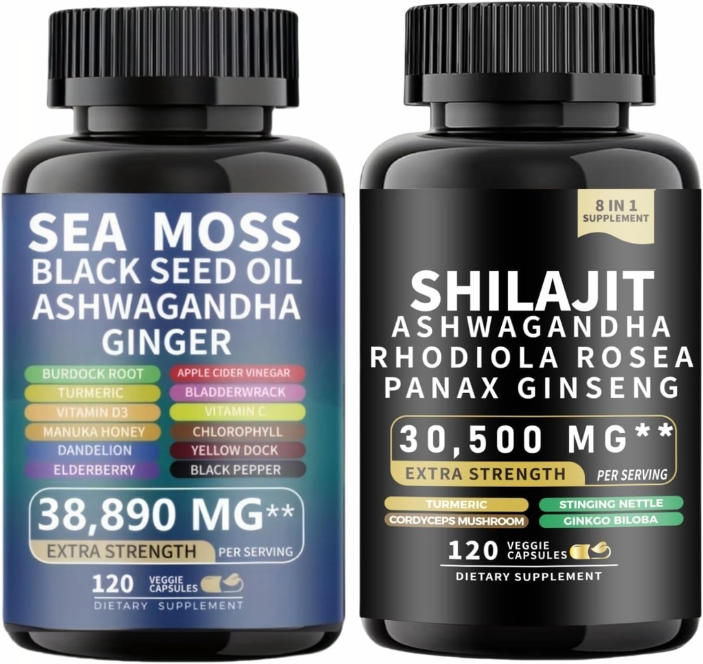 Sea Moss e shilajit Sea Moss Black Seed Oil Ashwagandha Ginger&shilajit rhodiola rosea panax Ginseng (120 Count (Pack of 2))