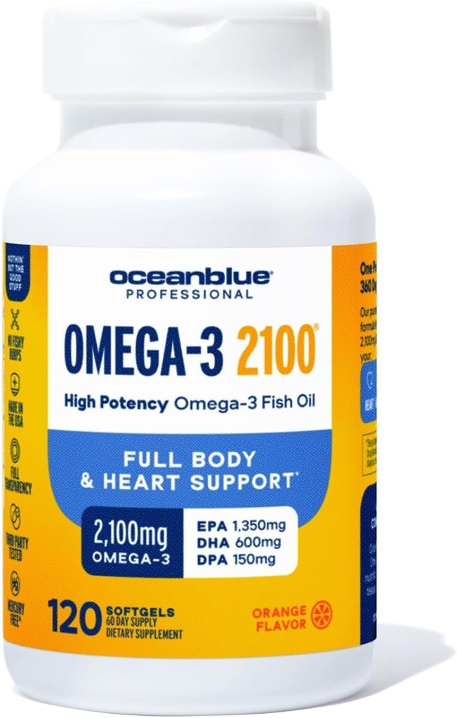 Oceanblue Professional Omega-3 2100-120 ct - High-Potency Triple Strength Burpless Fish Oil con EPA, DHA & DPA - Wild Caught - Arancione Flavor, 60 Serve
