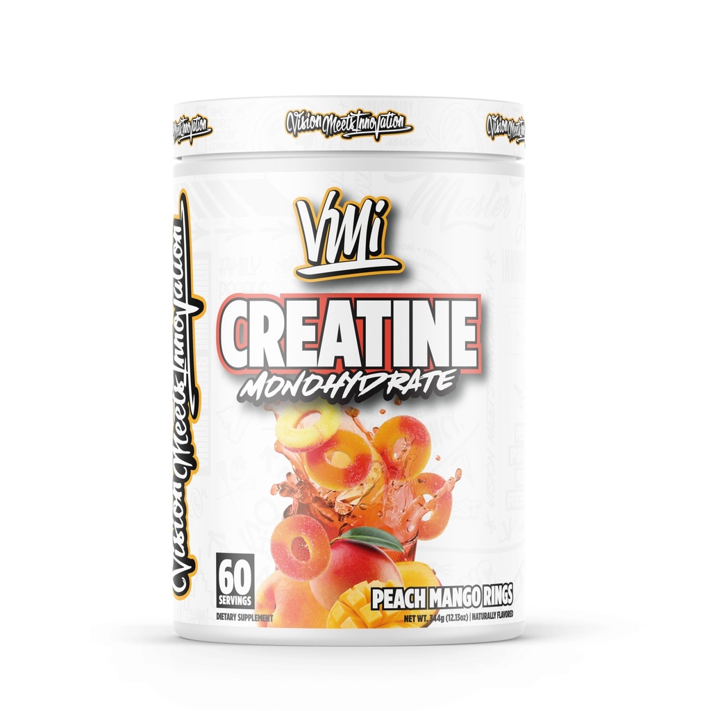 VMI Sports Creatine Monohydrate Powder Muscle Mass – Forza – Dimensione – Potenza | 5 Grammi per porzione (60 Serve, Anelli di Mango di pesca)