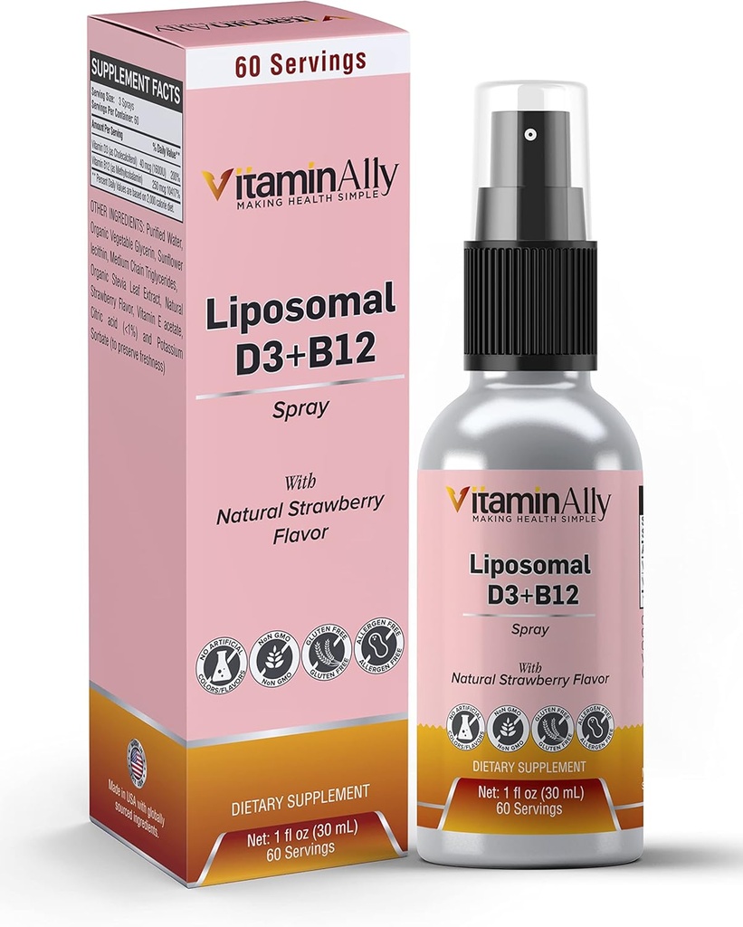 Vitamina Liquida Liposomal D3 + Vitamina B12 Spray |2 Mese di alimentazione|1 fl oz|Non-GMO |Sugar Free|Travel Friendly|Supporto immunitario, Salute di ossa, Supporti Energia, Funzione cerebrale