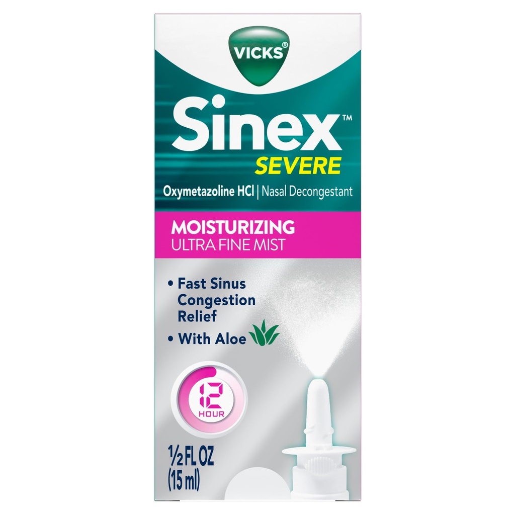 Vicks Sinex Severe spray nasale con l'umidità Ultra Fine Mist, Decongestant per il sollievo dal naso ripieno da freddo, allergia, pressione del seno - 265 Spray