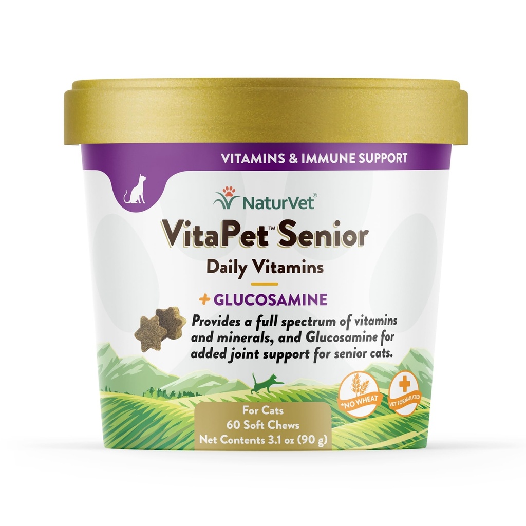 NaturVet VitaPet Senior Daily Vitamins for Cats Plus Glucosamine, specificamente formulato per fornire minerali essenziali, 90 g, 60 Count