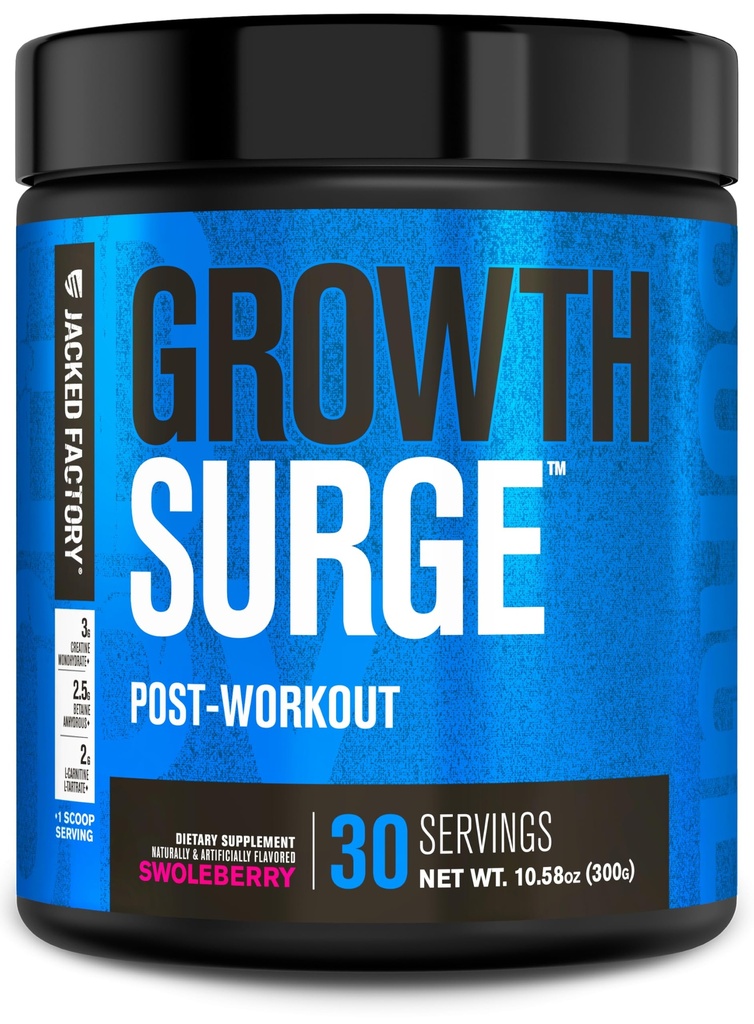 Jacked Factory Growth Surge Creatine Post Workout w/L-Carnitina - Daily Muscle Builder & Recovery Supplement with Creatine Monohydrate, Betaine, L-Carnitine L-Tartrate - 30 Serve, Mirtillo