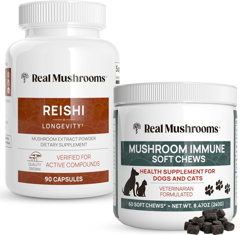 Real Mushrooms Reishi Capsule per l'uomo (90ct) & Mushroom Immune Pet Chews (60ct) - Bundle per la longevità, Relax & Immunity - Ashwagandha, Astragalus & More - Vegan, Non OGM, Gluten-Free