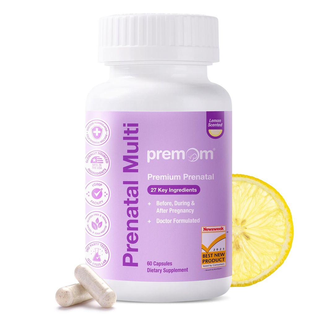 Premom Vitamine Prenatali per le donne - Concezione per il suo Multivitaminico: 27 Nutrienti, Include 680mcg Methyl Folate + Choline + Ferro, Ingrediente Tracciabile, Integratori di fertilità per le donne -30 Day Supply