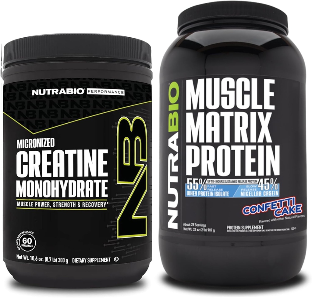 NutraBio Creatina monoidrato, non aromatizzato, (300 g) e polvere proteica matrice del muscolo, (Cacca di coriandoli) supplemento Bundle – energia muscolare, crescita massima, recupero e resistenza
