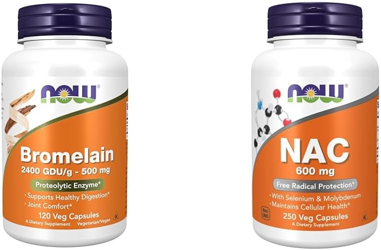 NOW Supplementi, Bromelain 2.400 GDU/g - 500 mg, Natural Proteolytic Enzyme*, 120 capsule di veg e integratori, NAC 600 mg con Selenium & Molybdenum, 250 capsule di veg