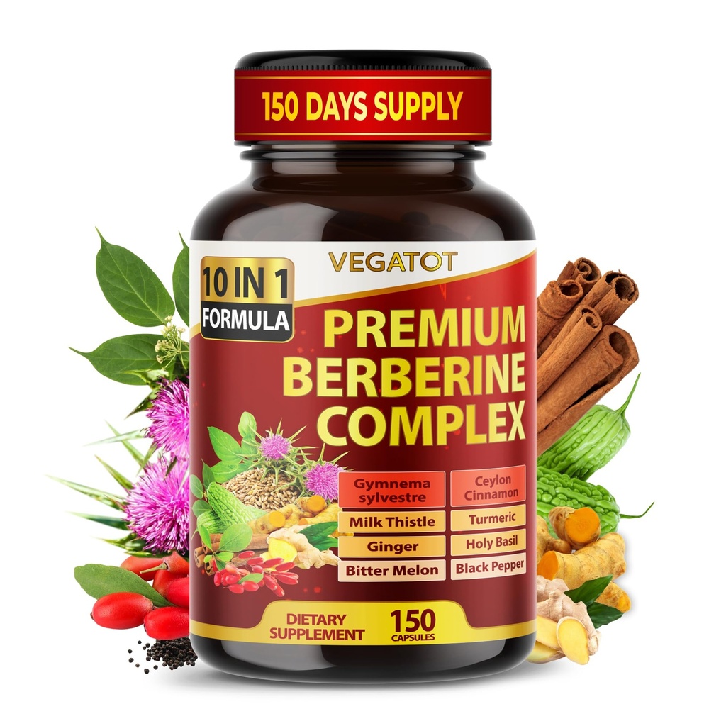 VEGATOT GlucoSavior Berberine Supplemento con Ceylon Cinnamon, Bitter Melon, Gymnema - Supporta Immune, Heart Health & Gastrointestinal Function - Made in the USA (150 Count (Pack of 1))