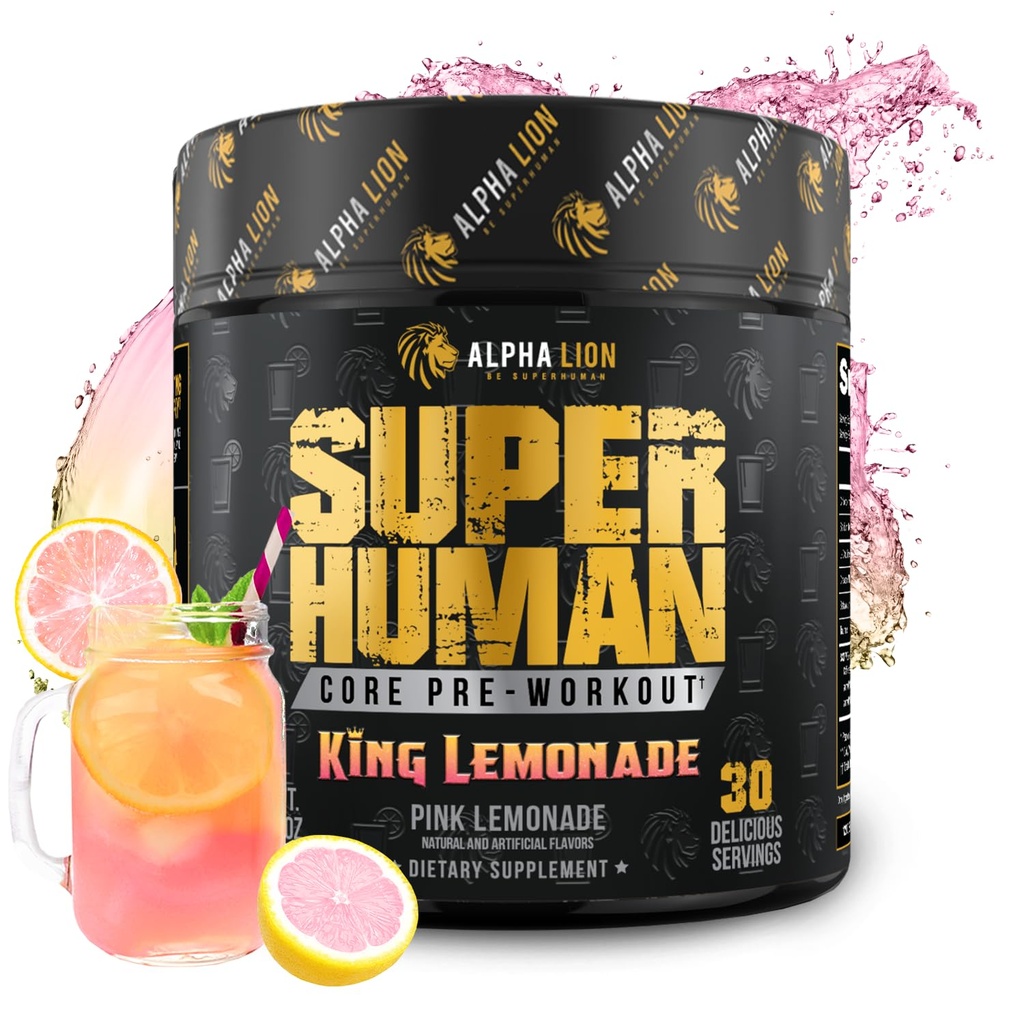 ALPHA LION Core Pre allenamento con creatina per prestazioni, Beta Alanina per muscolo, L-citrullina per pompa & Tri-Source Caffeina per energia sostenibile (30 Serve, King Lemonade Flavor)