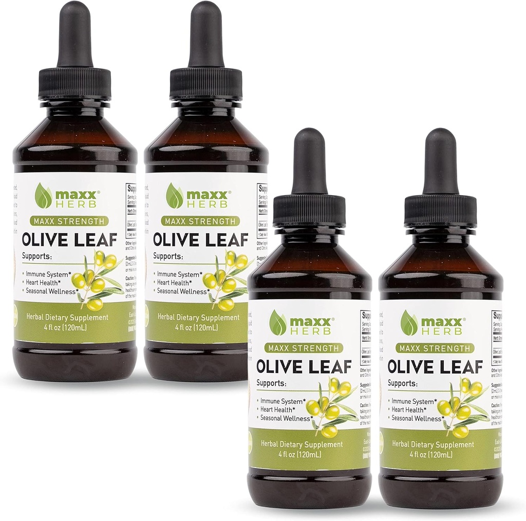 Estratto di foglie di ulivo Maxx Herb – Assorbenti liquidi di Oleuropeina massima resistenza Meglio di capsule o tè, per il supporto immunitario, salute del cuore e benessere stagionale - 4 bottiglie, 4 Oz Ogni (240 Serve)