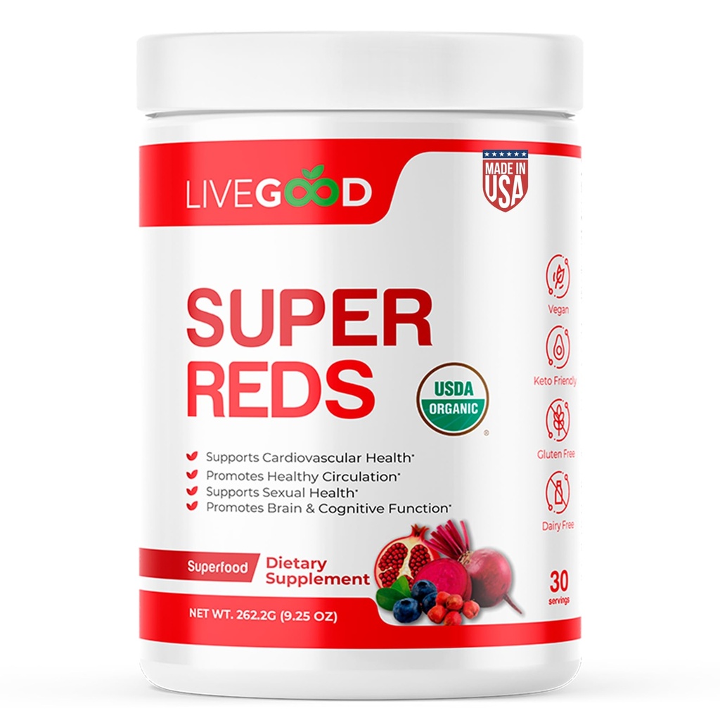 LIVEGOODTM Super rossi biologici con Alfalfa, Erba d'orzo, Radice di barbabietola, Pomegranite, Semi di Uva, Vegan, Gluten Free, 9.25 Oz