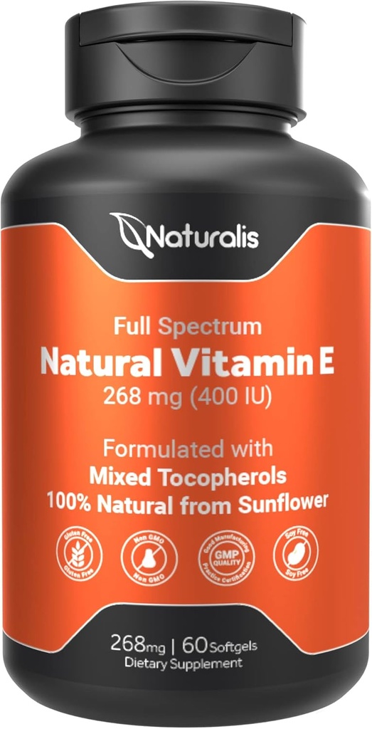 Naturalis Sunflower Vitamin E 268mg (400 IU) con Tocoferoli misti | Vitamina e supporto immunitario | Non OGM, Soia e Gluten Free | 60 Softgels