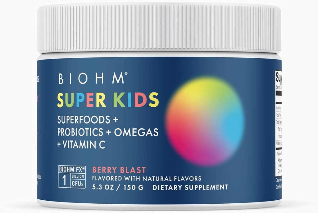 BIOHM Super Kids Superfood Powder Plus Probiotics, (5.3 Oz, 30 Serve) Delizioso Lama di Berry, Antiossidanti, Omega 3 & Vitamina C, Non OGM, Dairy Free, Nessun Ingredienti Artificiali, Vegetariano, Età 4+