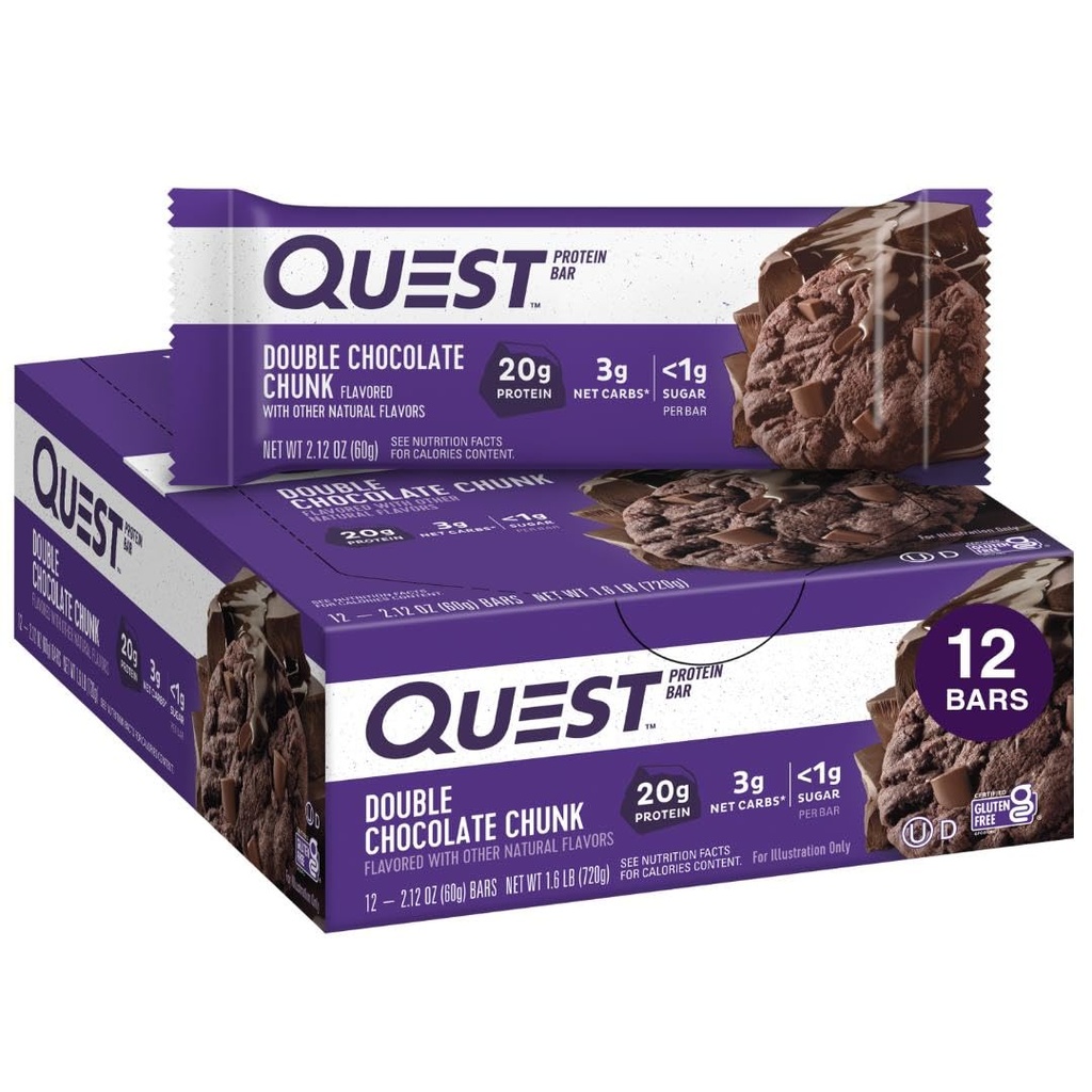 Quest Nutrizione Doppio Cioccolato Barre proteiche, 20g Barre proteiche, 1g Zucchero, Carbo netto 4g, Senza glutine, Keto Friendly, 12 Conte