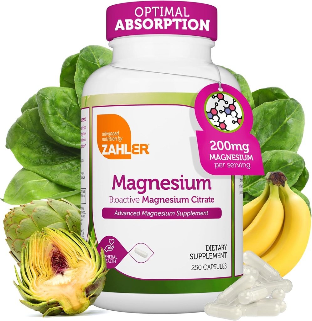 Zahler - Magnesio Supplemento Capsule 200 mg (250 Conte) Certificato Kosher Citrato di Magnesio Bioattivo per Assorbimento Max - Magnesio Naturale Minerale per Uomini e Donne - Migliori Integratori di Magnesio