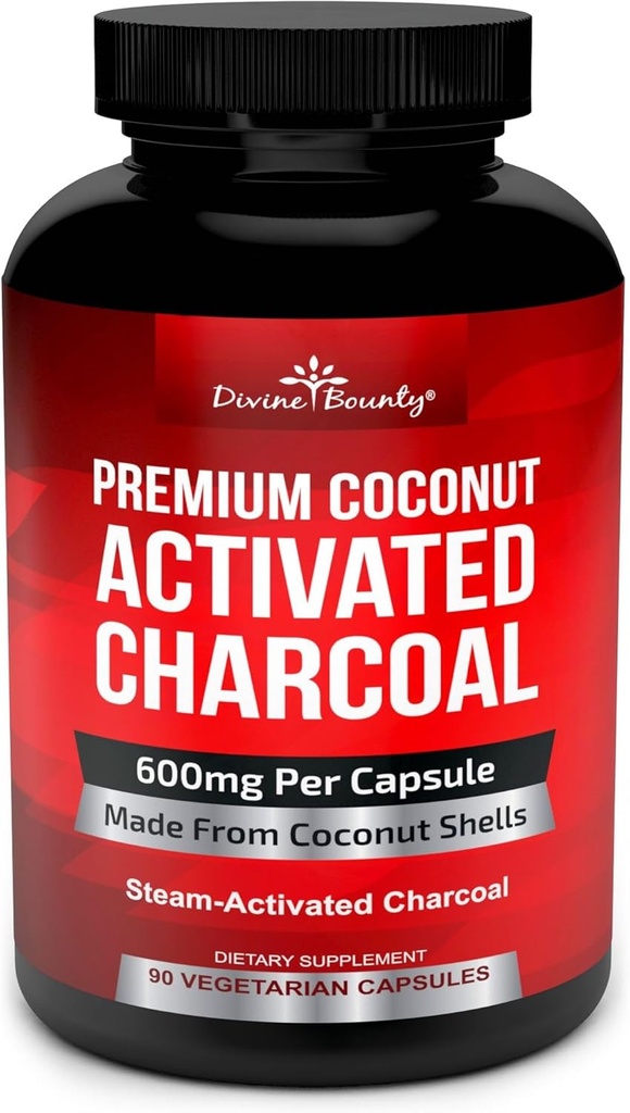 Capsule di carbone attivi organici di Bounty Divine - 600mg Pillole di carbone di cocco - 90 Caps di verdure