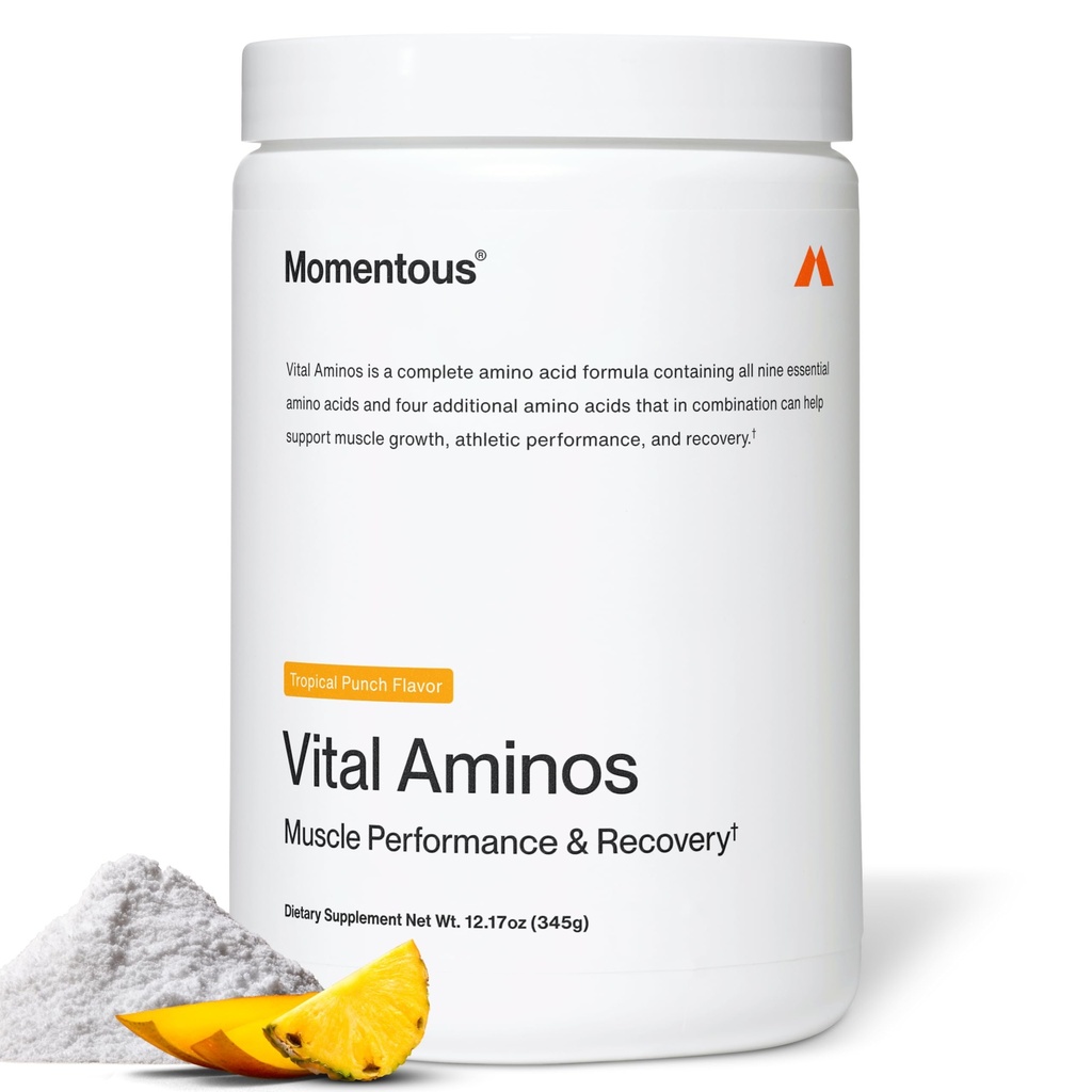 Momentous Vital Aminos Powder Supplement - BCAA & EAA - Punch tropicale - NSF Certificato per lo sport - GMO- & Gluten-Free - 30 Serve - Pacchetto May Vary