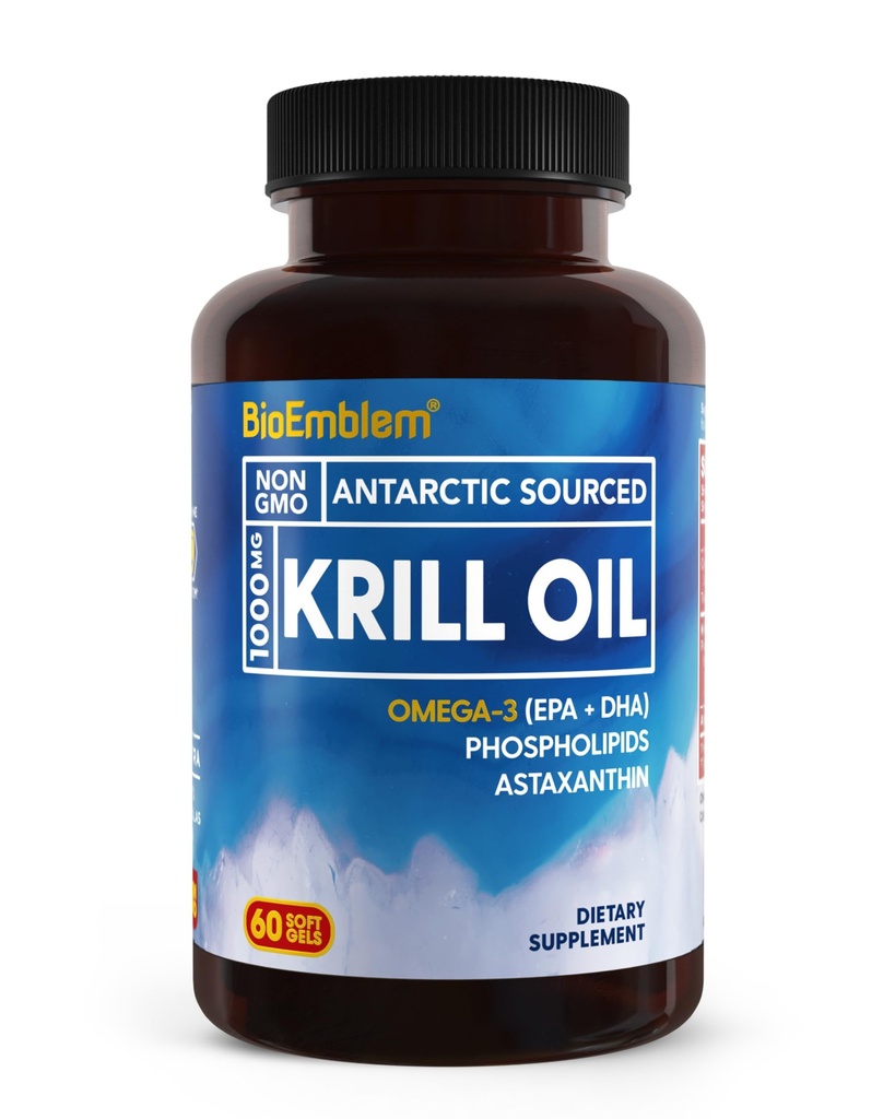 BioEmblem Antarctic Krill olio supplemento | 1000mg | Omega-3 olio con alti livelli di EPA + DHA, Astaxanthin e Phospholipids | No Fishy Aftertaste | 60-Count non OGM Softgels